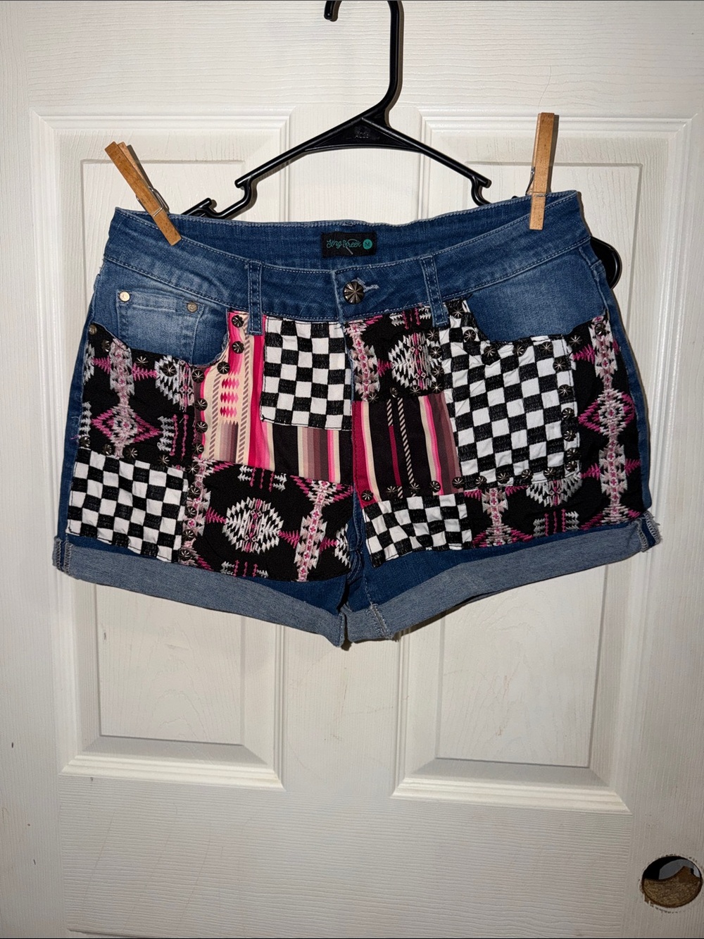 Women's Patchwork Denim Shorts in Pink & Black - Sterling Kreek